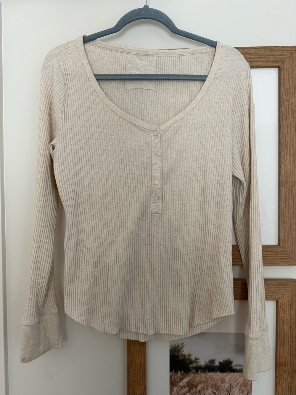 aerie Ribbed Henley Long Sleeve Top - Light Beige